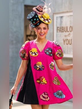 New! QUEEN OF SPARKLES Pink and Black Sequin Painted Hats Mini Dress